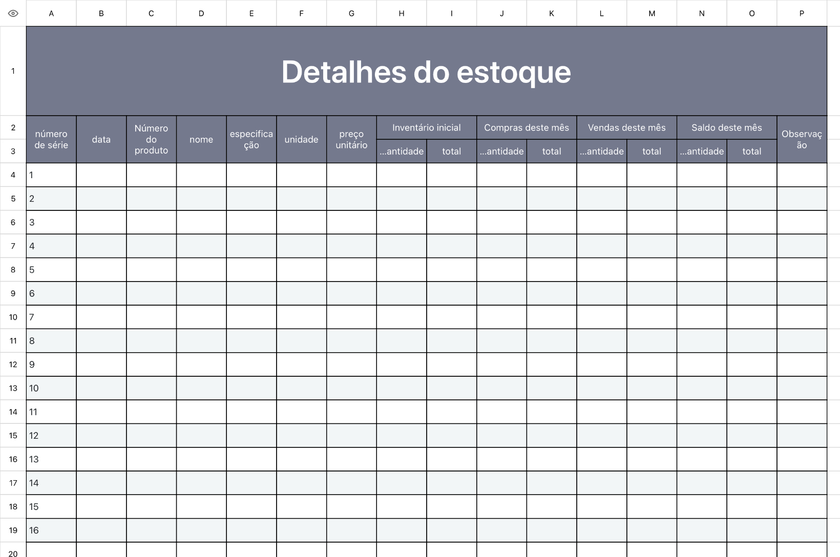 Lista de inventário de vendas
